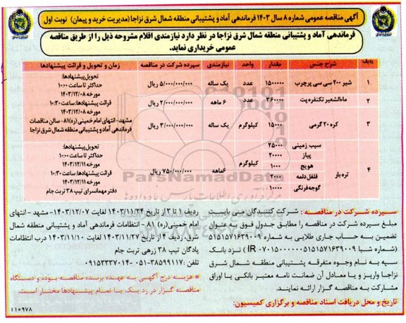 مناقصه خرید نیازمندی اقلام ...-