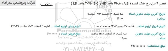 مناقصه تعمیر 4 سل برج خنک کننده ) 01- واحد HD و B,C 710- واحد LD)