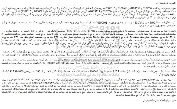 مزایده مقدار 49.675 سهم از 180.000 سهم شش دانگ از پلاک ثبتی 3 فرعی از 390 اصلی