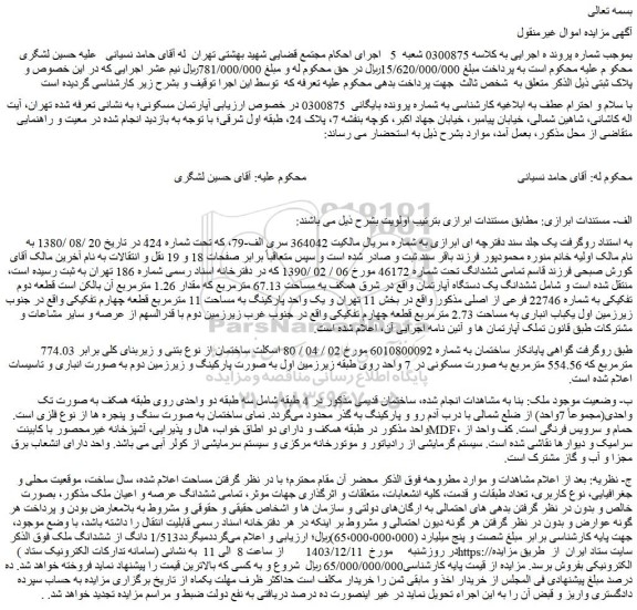 مزایده ششدانگ یک دستگاه آپارتمان