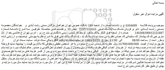مزایده فروش ملک به پلاک ثبتی  2395/133610 
