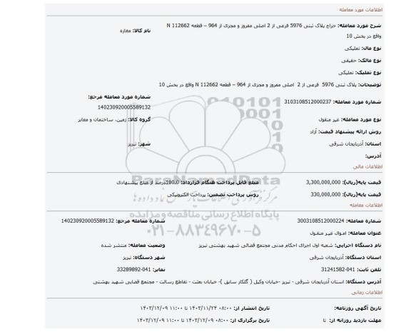 مزایده، پلاک ثبتی 5976 فرعی از 2 اصلی مفروز و مجزی از 964 – قطعه 112662 N واقع در بخش 10