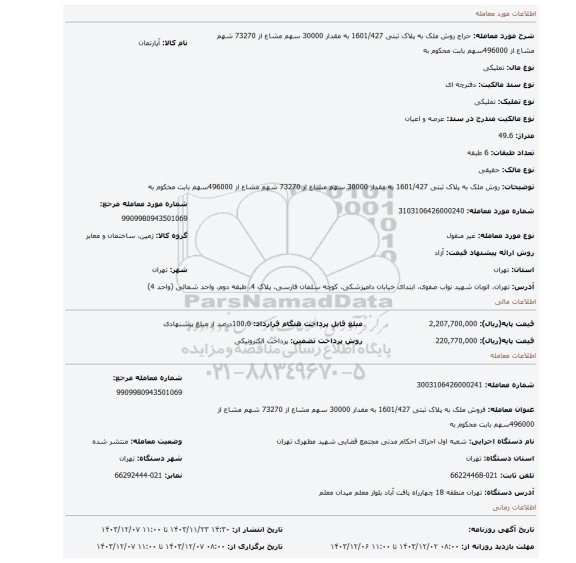 مزایده، روش ملک به پلاک ثبتی 1601/427 به مقدار 30000 سهم مشاع از 73270 شهم مشاع از 496000سهم بابت محکوم به