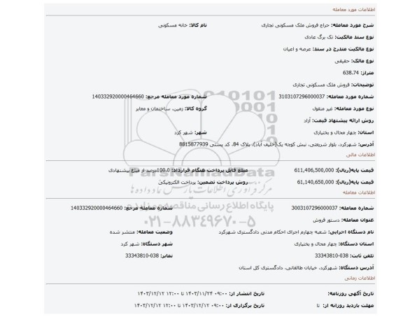 مزایده، فروش ملک مسکونی تجاری