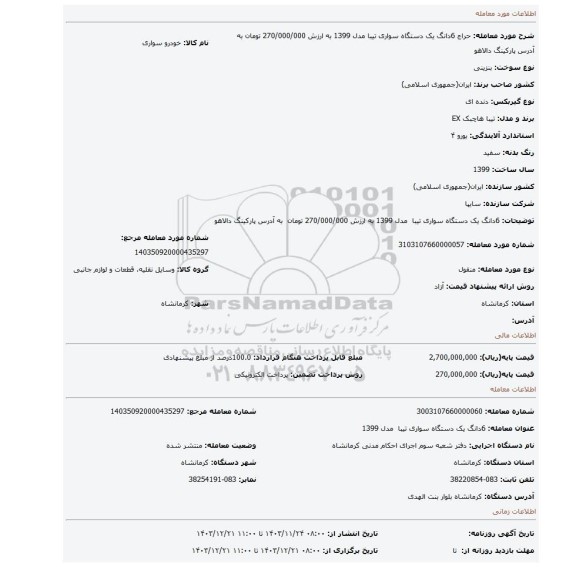 مزایده، 6دانگ یک دستگاه سواری تیبا مدل 1399 به ارزش 270/000/000 تومان به آدرس پارکینگ دالاهو
