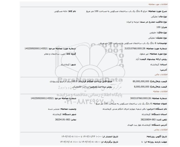 مزایده، 6 دانگ یک باب ساختمان مسکونی به مساحت  100 متر مربع