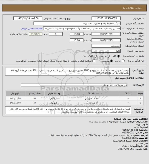 استعلام واحد شمارش عدد میباشد آند منیزیوم و MMO مطابق فایل پیوست تامین کننده میبایست دارای AVL نفت مرتبط با گروه کالا باشدآقای جانکی 09166150047