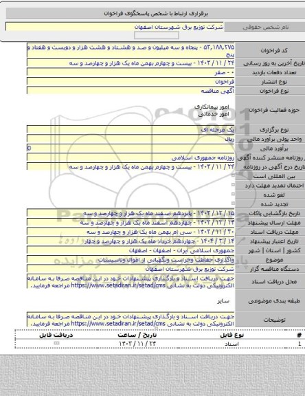 مناقصه, واگذاری حفاظت وحراست ونگهبانی از اموال وتاسیسات