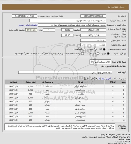 استعلام اقلام مصرفی آشپزخانه