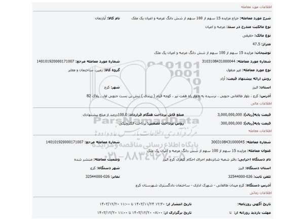 مزایده، مزایده 15 سهم از 100 سهم از شش دانگ عرصه و اعیان یک ملک