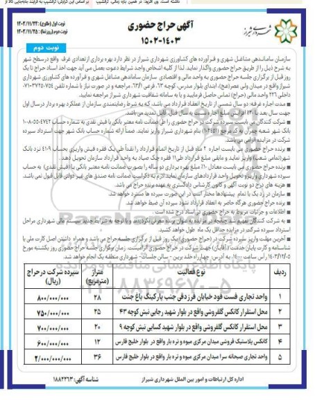 حراج حضوری بهره برداری از تعدادی غرف ...- نوبت دوم