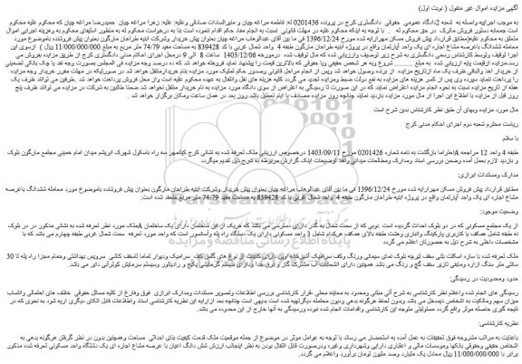 مزایده ششدانگ باعرصه مشاع اجاره ای یک واحد آپارتمان
