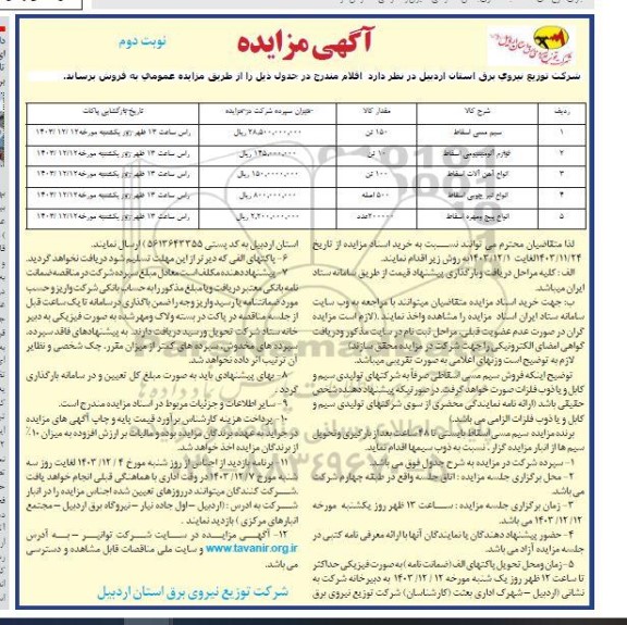 مزایده سیم مسی اسقاط....