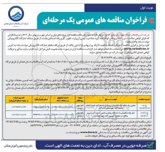 مناقصه حفاری 1 حلقه چاه مکانیکی...