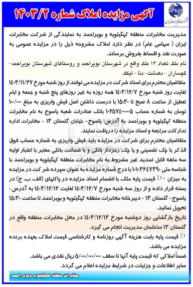 مزایده فروش تعداد 13 ملک