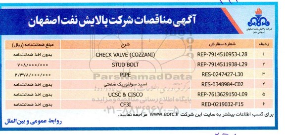 مناقصه CHECK VALVE (COZZANI) ...