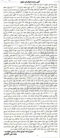 مزایده فروش مقذار 562 مترمربع سهم مشاع از 3000 مترمربع مشاع از 11000 مترمربع سهم از چهار هکتار