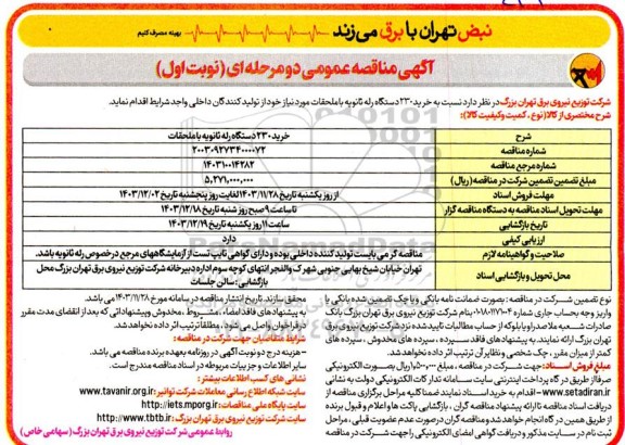مناقصه خرید 230 دستگاه رله ثانویه با ملحقات