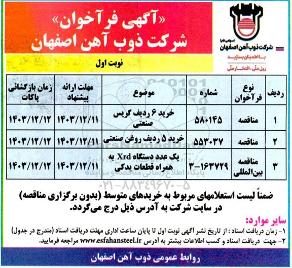 فراخوان خرید 6 ردیف گریس صنعتی...