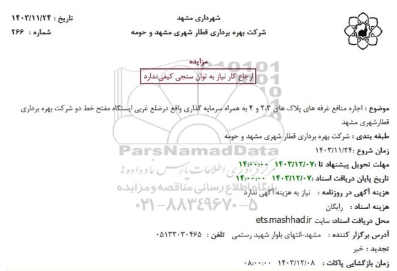 مزایده اجاره منافع غرفه های پلاکهای 3، 2 و 4 به همراه سرمایه گذاری 