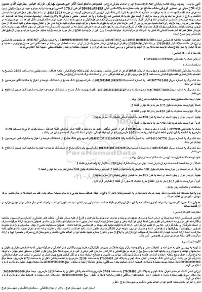 مزایده شش دانگ عرصه و اعیان ملک تجاری به پلاک ثبتی 170/59496 به مساحت 37/94 مترمربع به انضمام بالکن داخل آن به مساحت 16/5 مترمربع