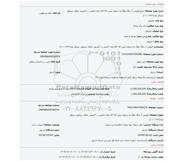 مزایده، 	فروش ۶ دانگ ملگ به شماره ثبتی ۴۰۹۸ف از۱۱۵اصلی ب ۳اردبیل -مالک جبرائیل جبرائل نژاد(۰۱۰۰۳۷۲)