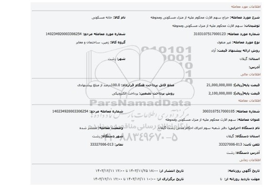 مزایده، سهم الارث محکوم علیه از منزل مسکونی ومحوطه