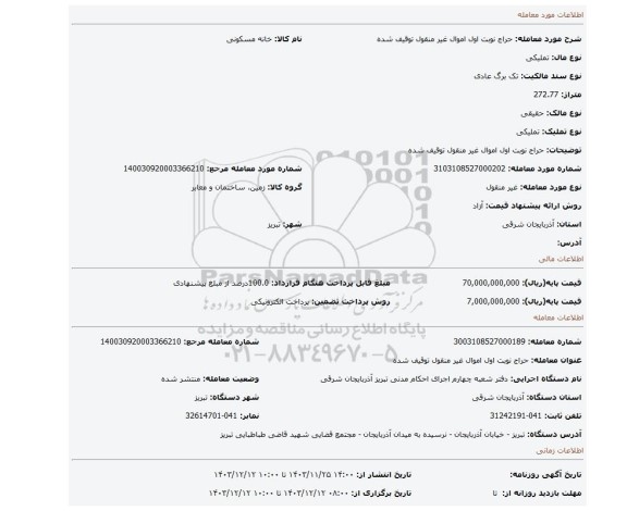 مزایده، حراج نوبت اول اموال غیر منقول توقیف شده