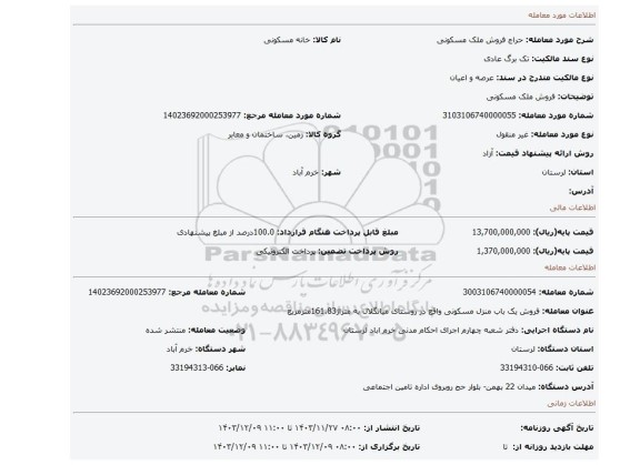 مزایده، فروش ملک مسکونی