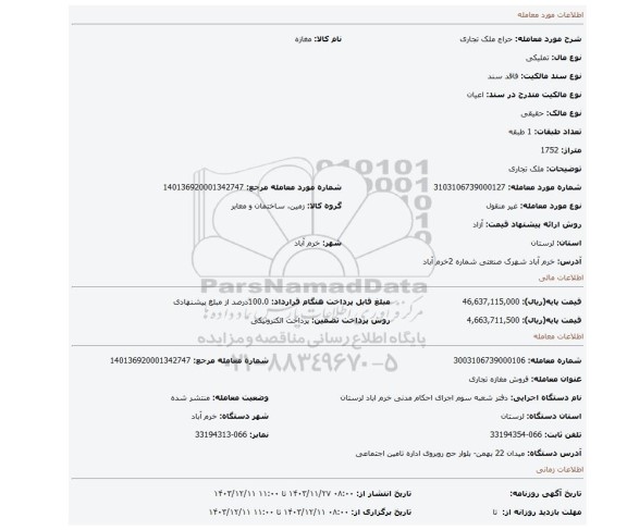 مزایده، ملک تجاری