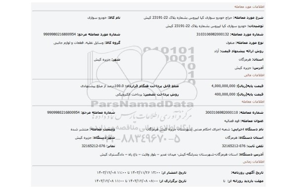 مزایده، خودرو سواری کیا اپیروس بشماره پلاک 22-23191 کیش