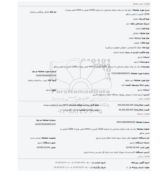 مزایده، یک باب واحد تجاری مشاعی به شماره 12322 فرعی از 4443 اصلی مجزا از 12395 فرعی از اصلی مذکور
