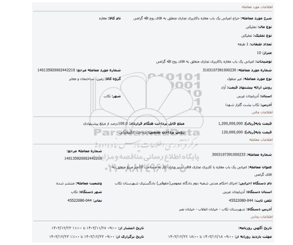 مزایده، اعیانی یک باب مغازه باکاربری تجاری متعلق به اقای روح الله گرامی