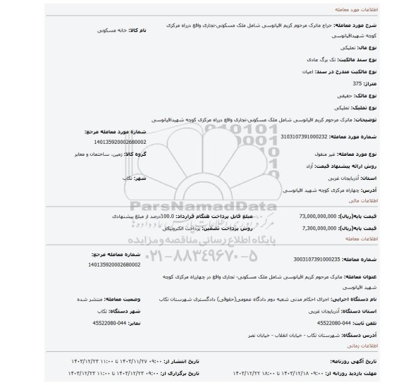 مزایده، ماترک مرحوم کریم اقیانوسی شامل ملک مسکونی-تجاری واقع درراه مرکزی کوچه شهیداقیانوسی