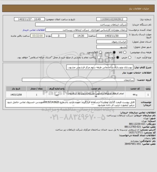 استعلام بهسازی ونوسازی ساختمانی طبقه سوم مرکز فرشچی مشهد.