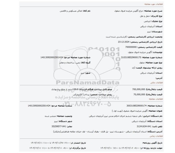مزایده، آگهـی مـزایده امـوال منقول