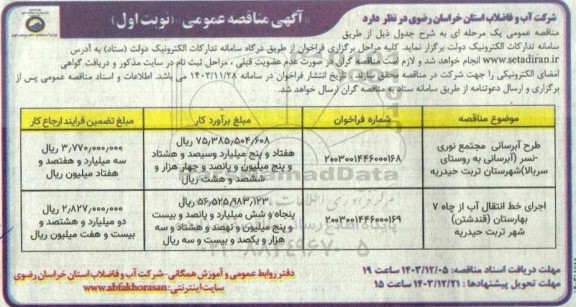 مناقصه طرح آبرسانی مجتمع...