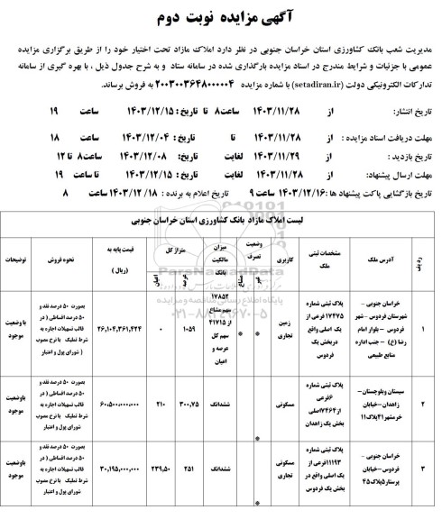 مزایده املاک مازاد - نوبت دوم