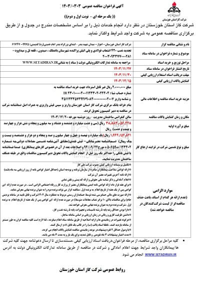تجدید مناقصه نصب 420 انشعاب فولادی و پلی اتیلن پراکنده شهرستان ...