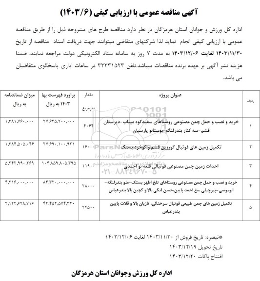 مناقصه خرید و نصب و حمل چمن مصنوعی روستاها ....