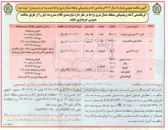 مناقصه خرید نیازمندی اقلام ...- نوبت دوم 