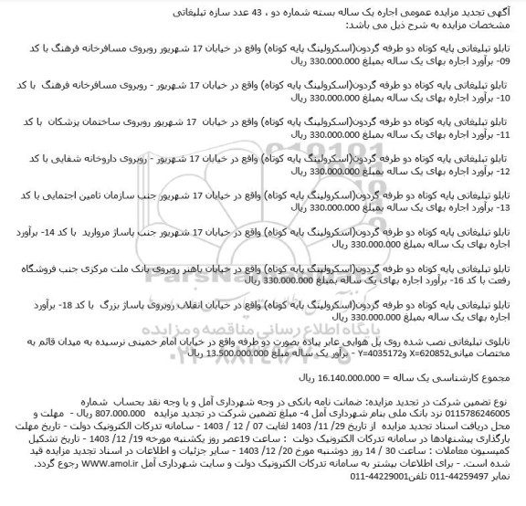 آگهی تجدید مزایده عمومی اجاره یک ساله بسته شماره دو ، 43 عدد سازه تبلیغاتی