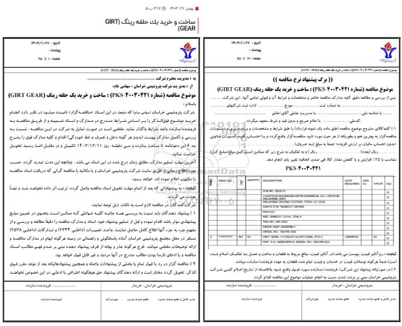 مناقصه ساخت و خرید یک حلقه رینگ girt gear