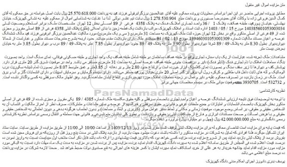 مزایده ششدانگ عرصه و اعیان واحد تجاری بانضمام سرقفلی و کلیه حقوق مکتسبه ملک شماره 4385 / 89 یکی مفروز و مجزی شده از 49 فرعی از اصلی
