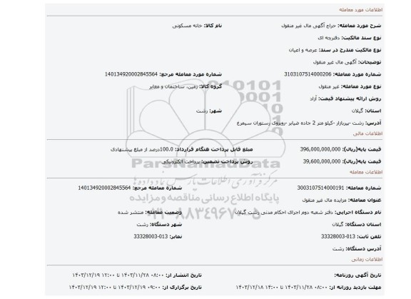 مزایده، آگهی مال غیر منقول
