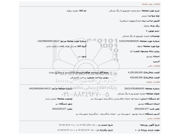 مزایده، مزایده خودروپزو به رنگ مشکی