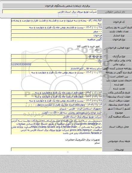 مناقصه, خرید انواع ترانسفورماتور روغنی سه فاز ٢۰۰۰۰/۴۰۰ولت