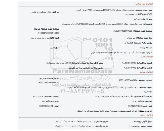 مزایده، سه دانگ مشاع پلاک 18533/1مفروزومجزی 17244بخش 3مبلغ 4/750/000/000ریال محمدنصیری