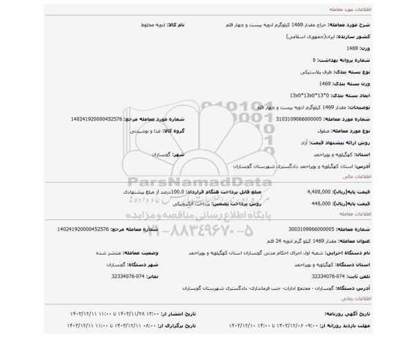 مزایده، مقدار 1469 کیلوگرم ادویه بیست و چهار قلم