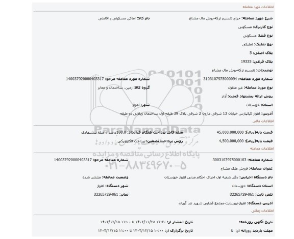 مزایده، تقسیم ترکه-روش مال مشاع